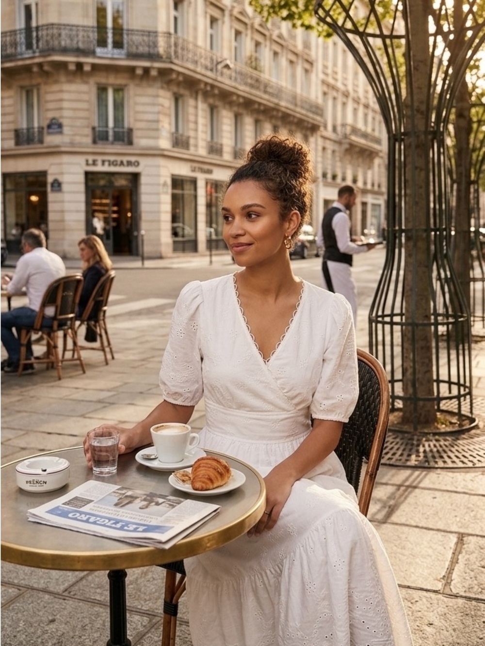 White Eyelet Wrap Midi Dress with Puff Sleeves